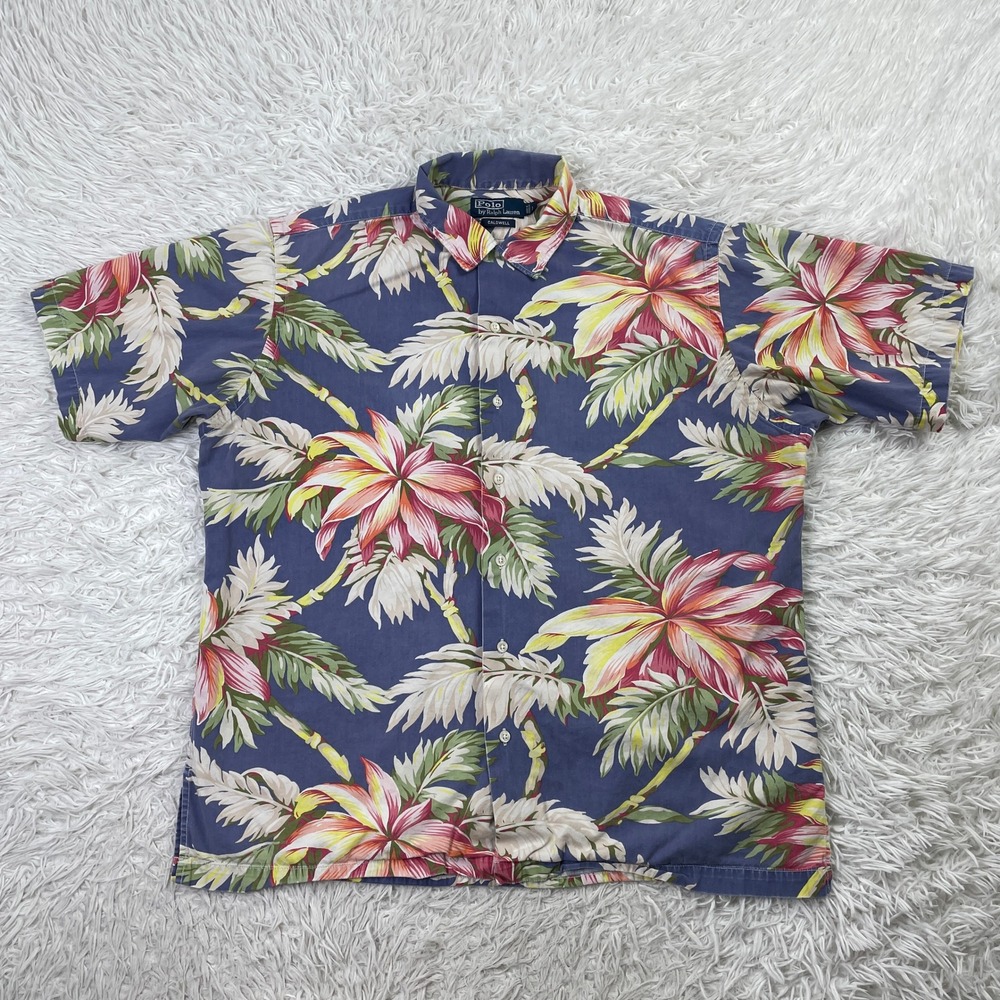 VTG Polo Ralph Lauren Shirt Mens Large Blue Hawaiian Calwell Button Up Floral L